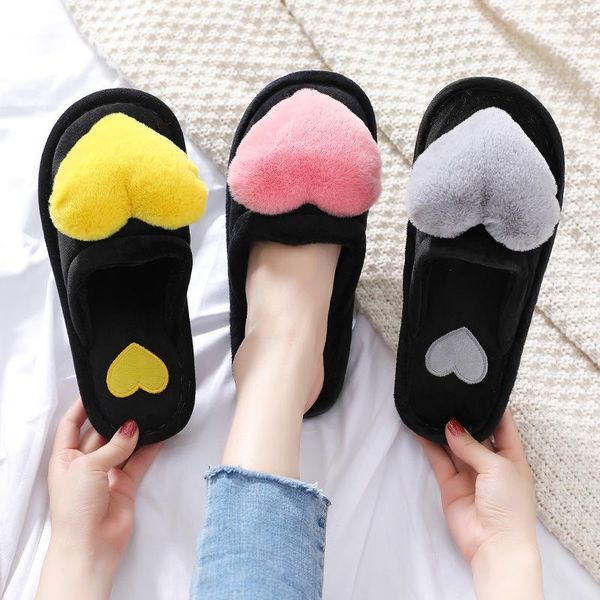 

slippers women's closed warm cozy bedroom memory foam non-slip heart-shaped floor shoes short plush couple home mute, Black