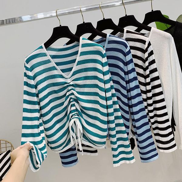 

women's t-shirt women clothes 2021 korean fashion autumn v neck long sleeve drawstring shirt slim striped y2k tshirt loose blouse stree, White