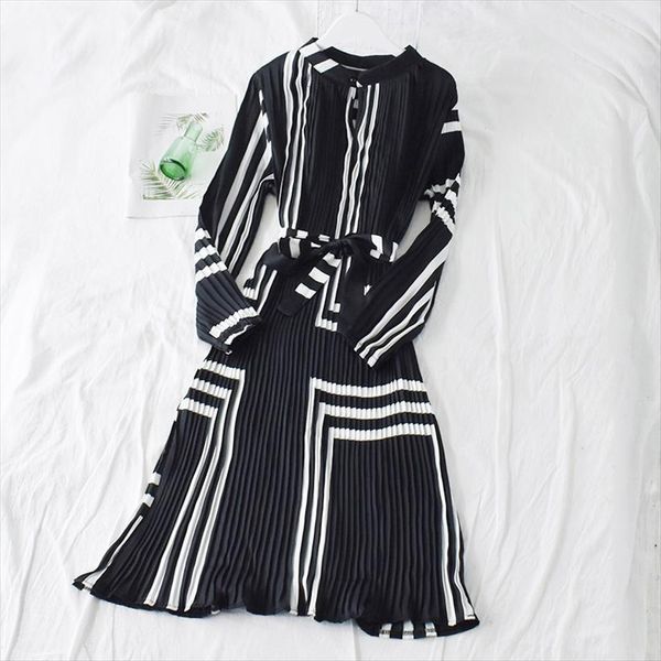 

pleated shirt striped belt summer women dress simple print patchwork long sleeved midi bandage vestidos ls297, Black;gray