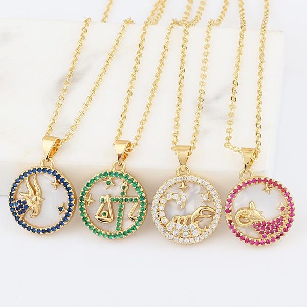 

Rainbow CZ 12 Constellation Necklaces For Women Men Gold Chain Zodiac Sign Round Pendant Necklace Couple Jewelry Birthday Gift, Silver