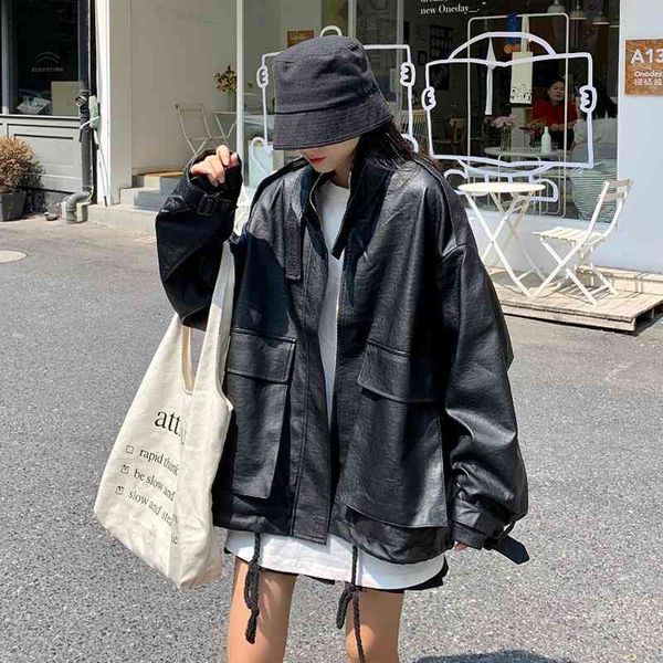 

women's jackets women leather casual jacket female korean ins harajuku style oversied outerwear coat ladies loose bf thick p1dp, Black;brown
