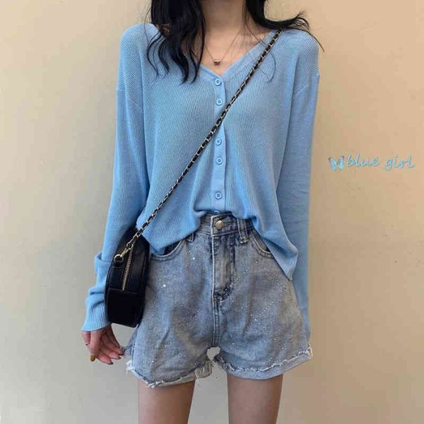 

women's knits & tees summer thin cardigan women sweater korean long-sleeve coat single breasted knitted base shirt loose ladies to, White