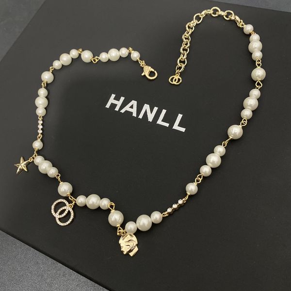 

design necklace womenround bead chain glass pearl gold brass material women's small fragrance inlaid with diamond star c, Silver