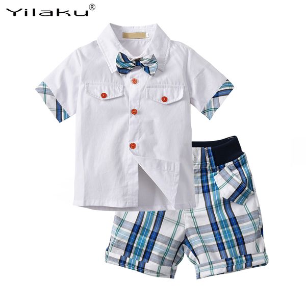 Conjuntos de roupas Yilaku Baby Boy Summer Roupas Conjunto de camisa branca + shorts 2 pcs crianças meninos de manga curta xadrez azul cf578