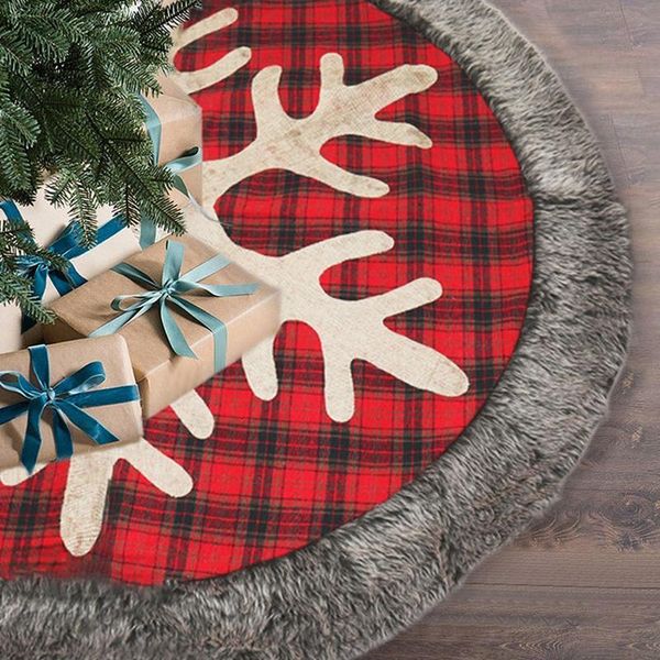 

christmas decorations tree skirt,48 inch burlap plaid skirt with snowflake and plush,xmas holiday
