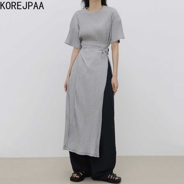 Korejpaa frauen kleid sommer koreanische schicke damen minimalistische niche runde hals krawatte taille design seite schlitz kurze hülse vestidos 210526
