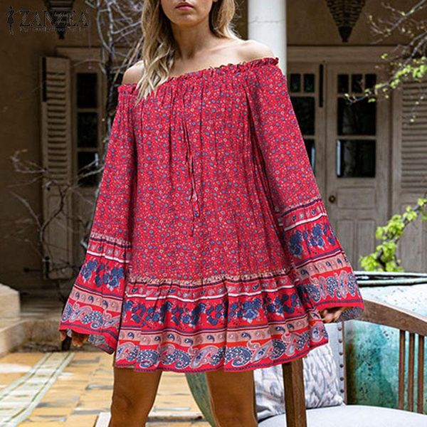 

casual dresses bohemian robe floral printed mini dress fashion women long flare sleeve off shoulder sundress zanzea summer holiday short kaf, Black;gray