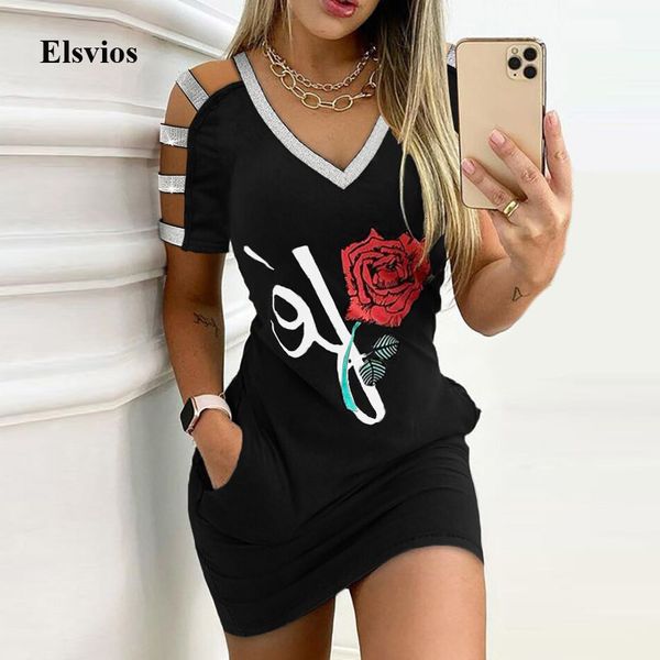 

casual dresses summer rose print pocket mini women elegant o-neck short sleeve party glitter hollow out t shirt koec, Black;gray