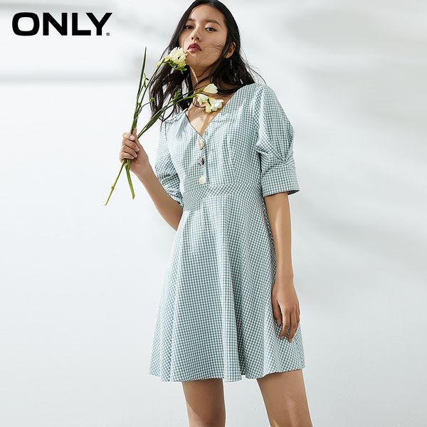 

ONLY2021 summer new plaid V-neck button A-line dress female 120217552, Oil yellow