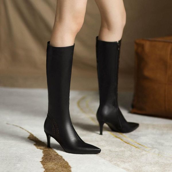 

boots aliona shoo winter pu leather women shoes high heeled mid calf long warm snow lady fashion 45, Black