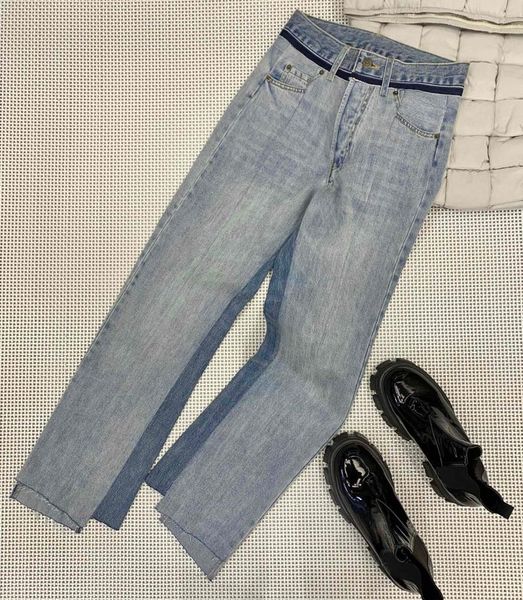 

loose 2021 women's fashion mid-high waist contrast jeans 1102, Blue