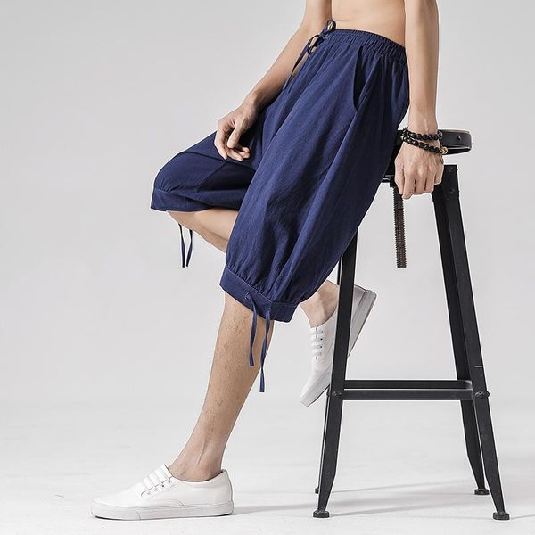 

summer men cotton linen wild leg pants casual loose calf-length man bloomers baggy male traditional trousers men's, Black