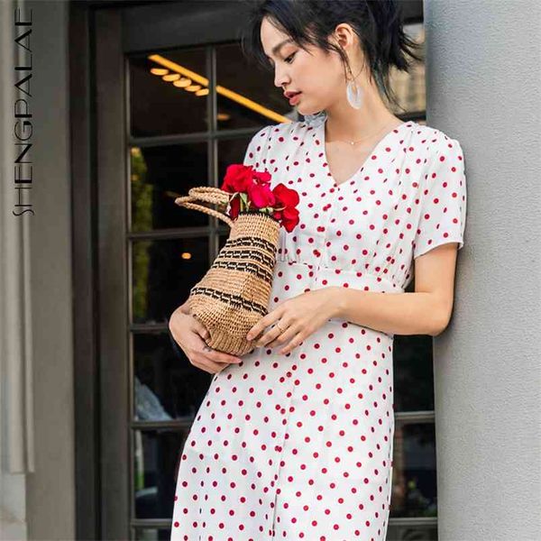 SHENGPLLAE Chiffon Polka Dot Kleid Frauen Sommer V-ausschnitt Slim Fit Hohe Taille Elegante Fee Rot Mid-kalb Kleider weibliche 210427