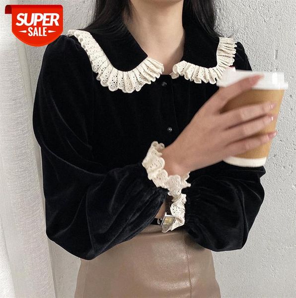

910025 korean style lace stitching doll collar shirt female sweet loose velvet #ur45, Black;gray