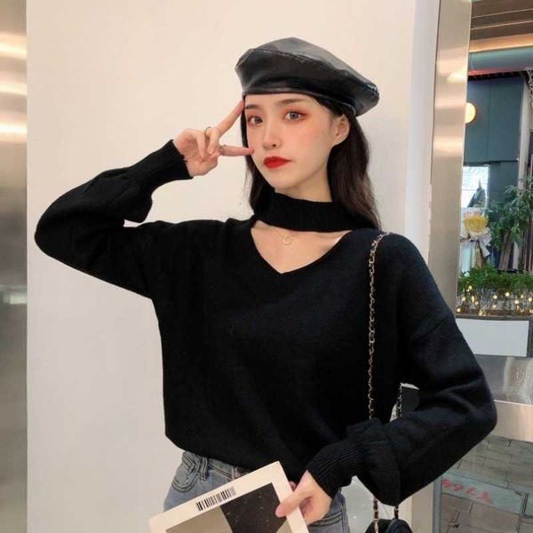 

werueruyu women half turtleneck halter hollow-out sweater korean puff long sleeve knitted autumn winter women knitwear 210608, White;black