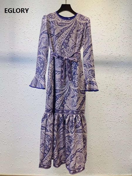 

casual dresses arrival dress 2021 spring summer party mermaid women o-neck vintage print belt deco long sleeve midi purple, Black;gray
