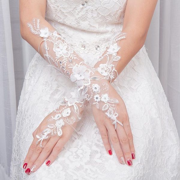 

bridal gloves elegant beaded lace satin short fingerless wedding white ivory dress accessories party prom
