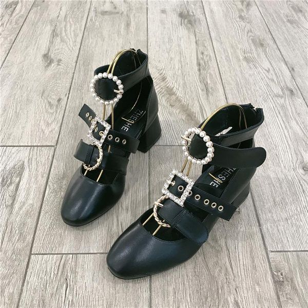

boots women's black ankle pearls rhinestones buckle hollow out shoes m34