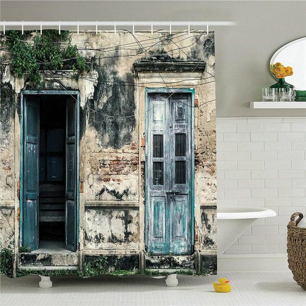 

shower curtains european countryside rock house old doors frame stone wall bath curtain retro style home bathroom decor screen