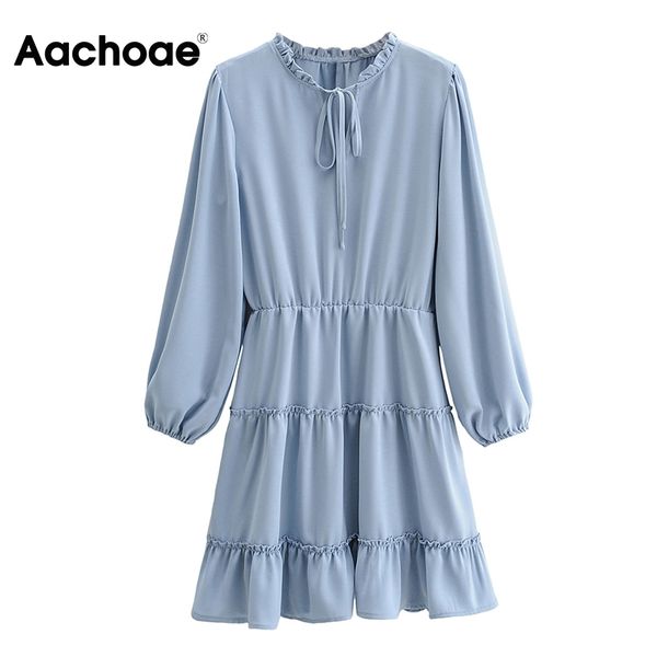 

aachoae elegant women a-line ruffles blue mini dress bow tie long sleeve chic dresses solid elastic waist casual dress vestidos 210413, Black;gray