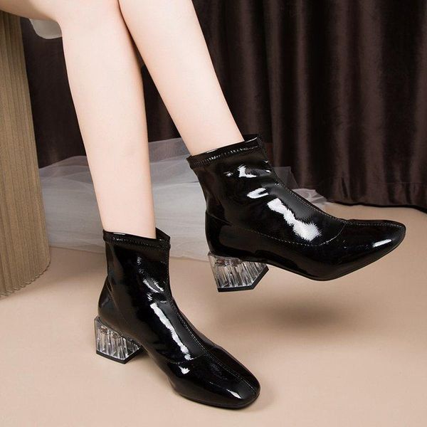

boots classic black white ankle for women block low heel short lady patent leather shoes woman autumn spring large size 39