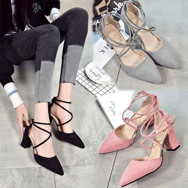 

women's shoes 2021 korean version of suede fashion pointed thick with single cross belt heels. dress, Black