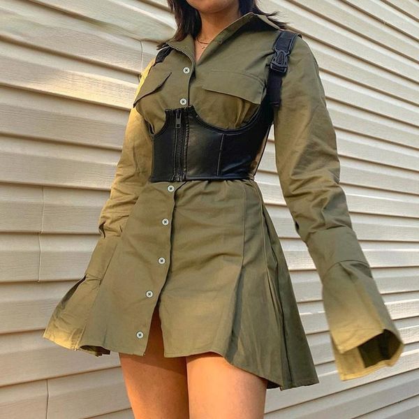 

casual dresses l harajuku pleated ladies autumn blouse mini short dress women green skinny slim 90s streetwear, Black;gray