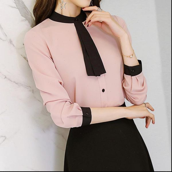 

leisure work womens shirts spring autumn women blouse long sleeve patchwork tie neck slim blouses office ladies pink white