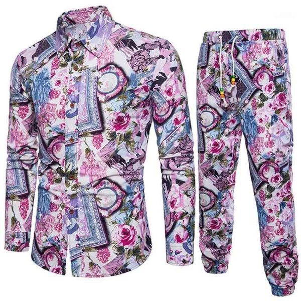 

flower printed men clothing new fashion male slim tracksuits gentleman floral vacation suit 5xl plus size pants and shirts set1, Gray