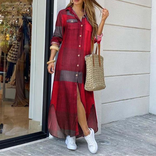 

casual dresses long sleeve dress checked plaid robe maxi beach summer elegant women button shirt split print lapel party, Black;gray