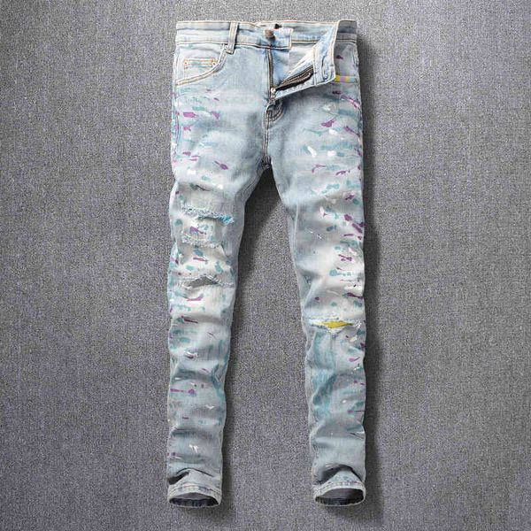 

fashion jeans street , men's with holes, painting process, hip hop and slim pants, Blue