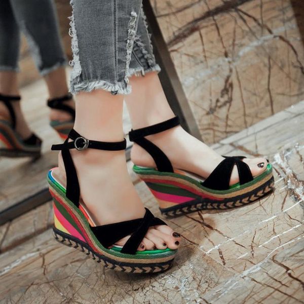 

wedge heel women sandals 2021 summer women's shoes large size fish mouth color matching rainbow platform, Black