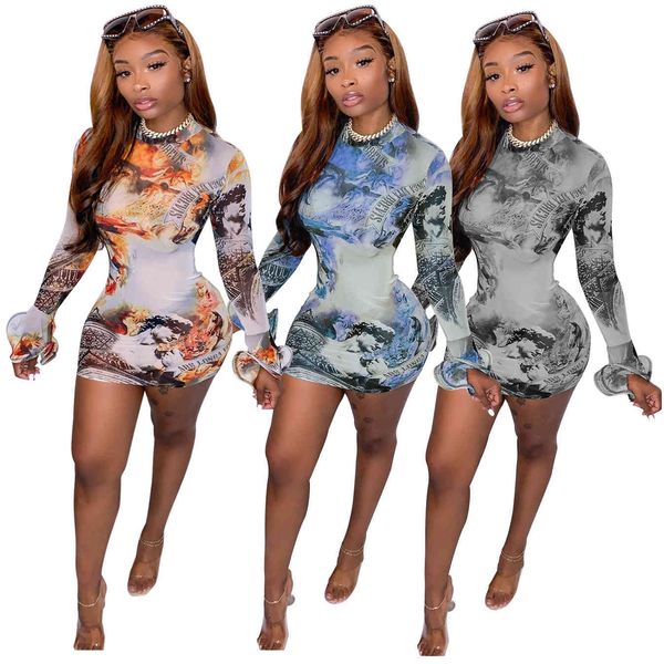 

casual 2021 spring and summer women's trumpet sleeve printed dress long fashionable tie dye round neck pencil skirt party dresses, Black;gray