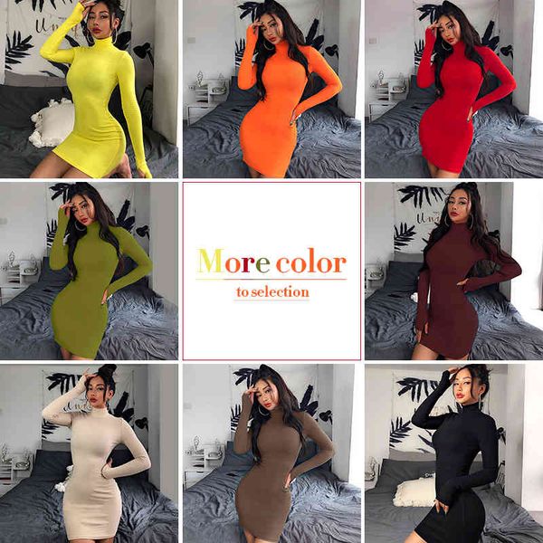 

2021instaturtleneck long sleeve skinny mini dress women autumn sporting style dresses 4 color bodycon slim yellow clubwear, Black;gray