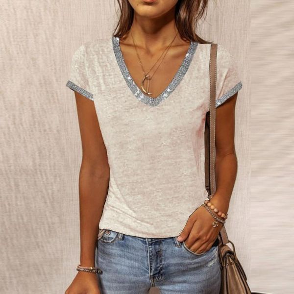 

women's blouses & shirts 2021 fashion summer casual loose v-neck solid short sleeve t-shirt blouse women clothing, White