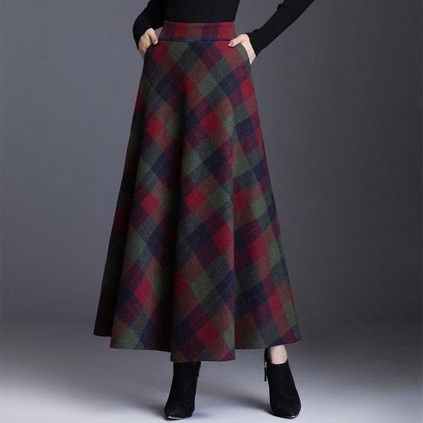 

skirts vintage plaid long skirt for women streetwear elastic high waist pocket british style woolen a-line tartan umbrella, Black