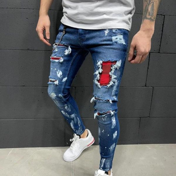 

men's jeans fashion multi pockets men ripped holes denim mid waist stretchy tassel skinny streetwear male pencil, Blue