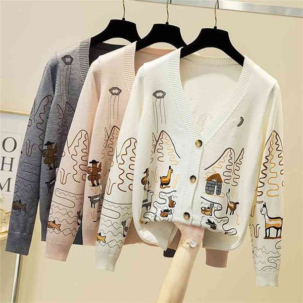 

autumn sweater cartoon print lazy wind fashion outer wear cardigan jacket women 210520, White