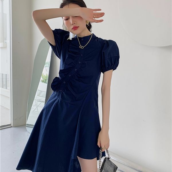 

casual dresses vintage puff sleeve royal blue summer 2021 tunic short ruffle long ladies asymmetrical clothing 951q, Black;gray