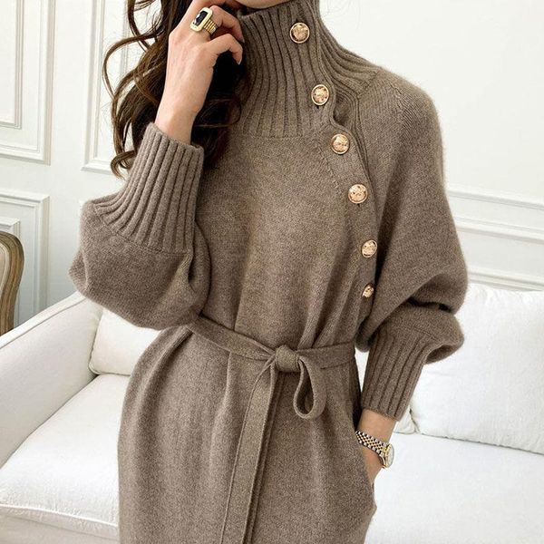 

casual dresses winter warm turtleneck button knitted dress women long sweater female vestidos, Black;gray