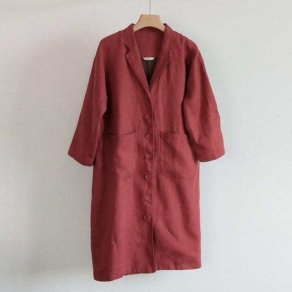 

women's trench coats fairynatural ladies retro solid color button turn-down pockets 2021 autumn spring chinese style female linen, Tan;black