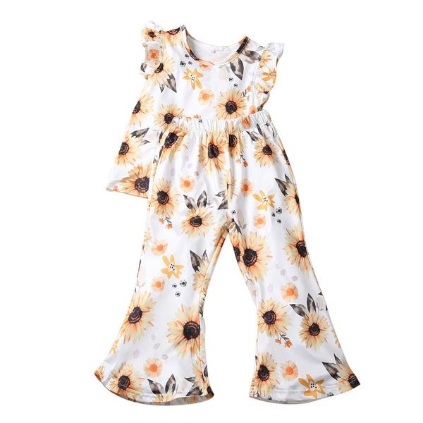 

clothing sets infant kids baby girls sunflower print clothes set, sleeveless o-neck with ruffles + flared trousers 2pcs outfit, White