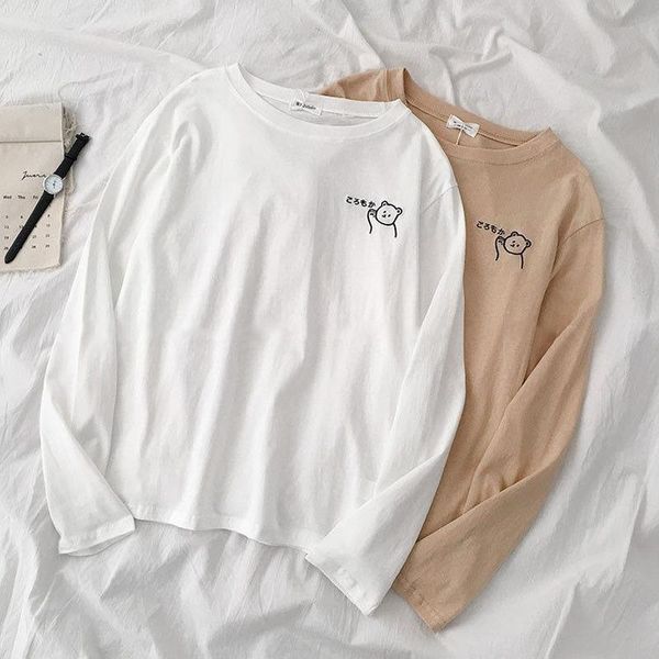 

long sleeve t-shirts women spring o-neck harajuku all-match embroidery loose 2xl womens ulzzang casual simple fashion chic women's t-s, White