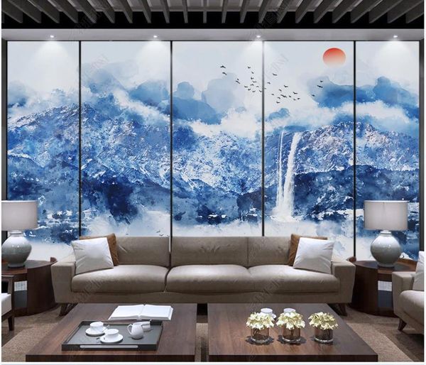 Benutzerdefinierte foto wallpapers für wände 3d wandals moderne chinesische stil blau abstrakt aquarell landschaft vogel wohnzimmer tv hintergrund wand papiere dekoration