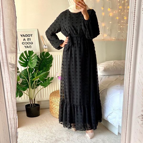 

2021siskakia solid 3d pompon maxi long dress for women fall 2021 o neck full sleeve muslim duabi turkey qtar oman arabic clothes, Black;gray