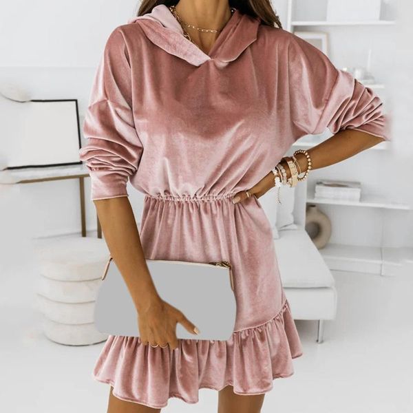 

casual dresses autumn and winter temperament fashion women's gold velvet hooded long sleeve slim slimming ruffle mini dress vestido, Black;gray