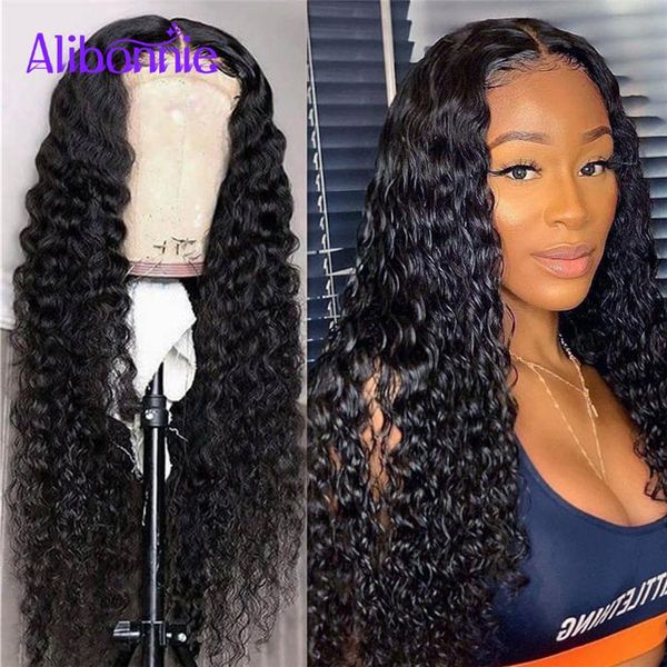 

lace wigs alibonnie 4x4 front human hair for women kinky curly wig with baby remy pre plucked 250 density, Black;brown