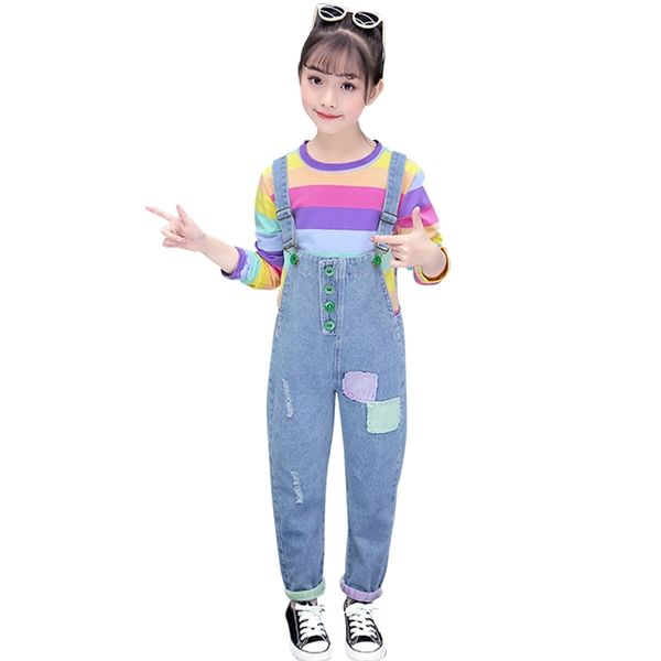 

girls clothes rainbow striped tshirt + jumpsuit outfits patchwork girl outfit casual style children's costume 6 8 10 12 14 210528, White