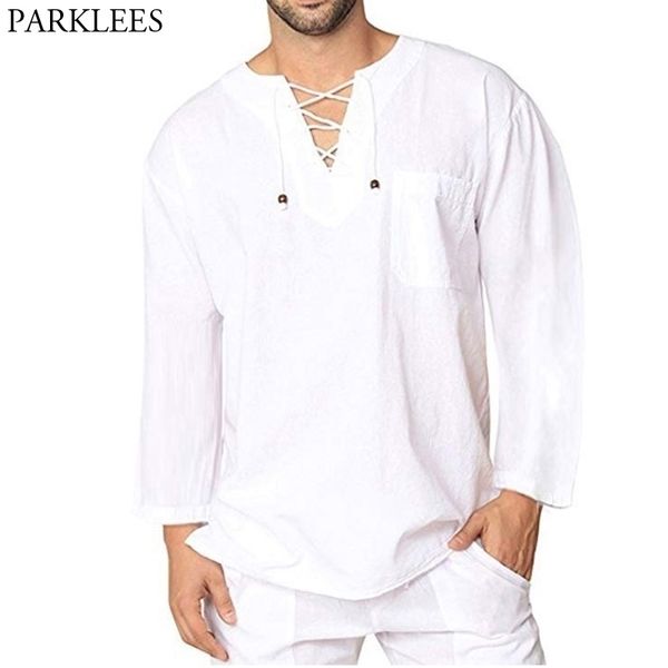 

white cotton linen shirt men brand long sleeve casual lace up shirts mens lightweight breathable blouse chemise 3xl 210522, White;black