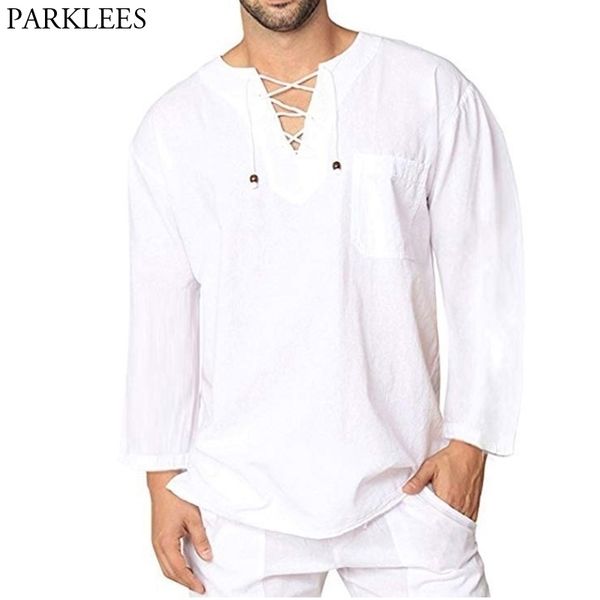 Weißes Baumwollleinenhemd Männer Marke Langarm Casual Lace Up Shirts Herren Leichte atmungsaktive Top Bluse Chemise 3XL 210522